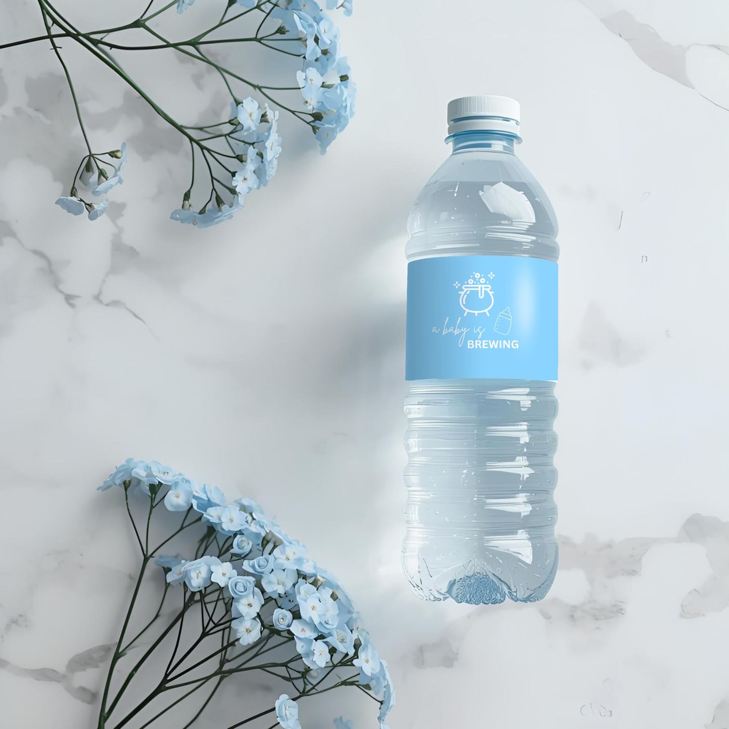 A Baby Is Brewing Water Bottle Labels Blue Halloween Baby Shower Editable Canva Template Boy Drink Printable Instant Download