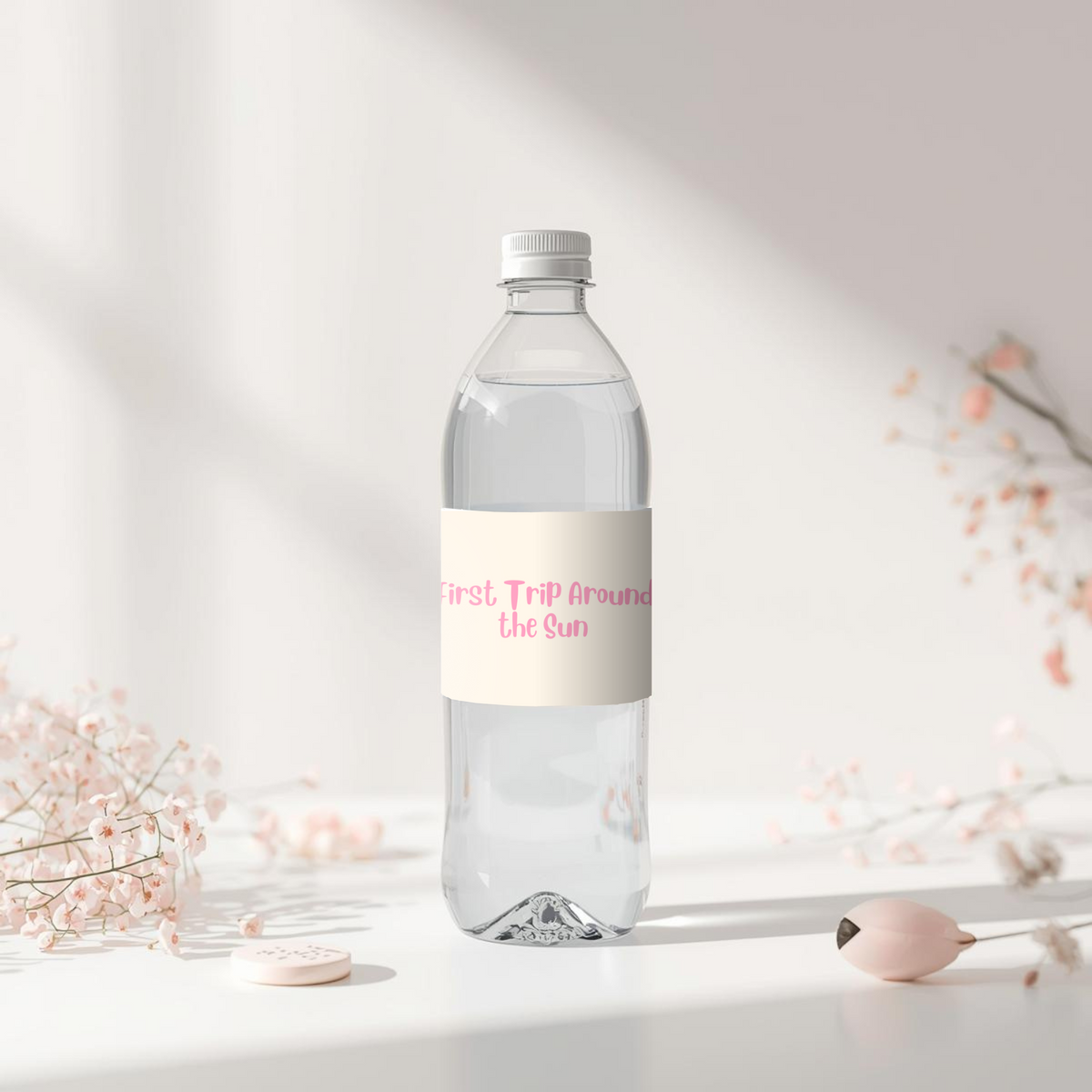First Trip Around the Sun Water Bottle Labels – Pink 1st Birthday Canva Template