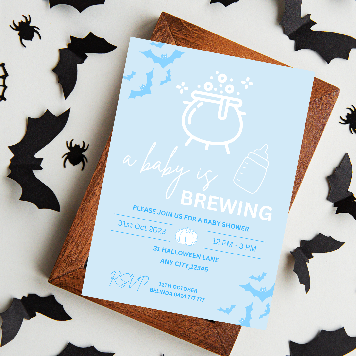 A baby is brewing Invite Blue Boy Halloween Baby Shower Editable Canva Template Instant Download