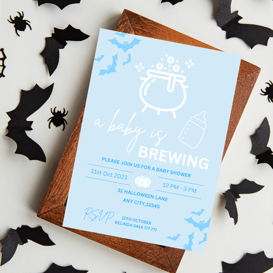 A baby is brewing Invite Blue Boy Halloween Baby Shower Editable Canva Template Instant Download