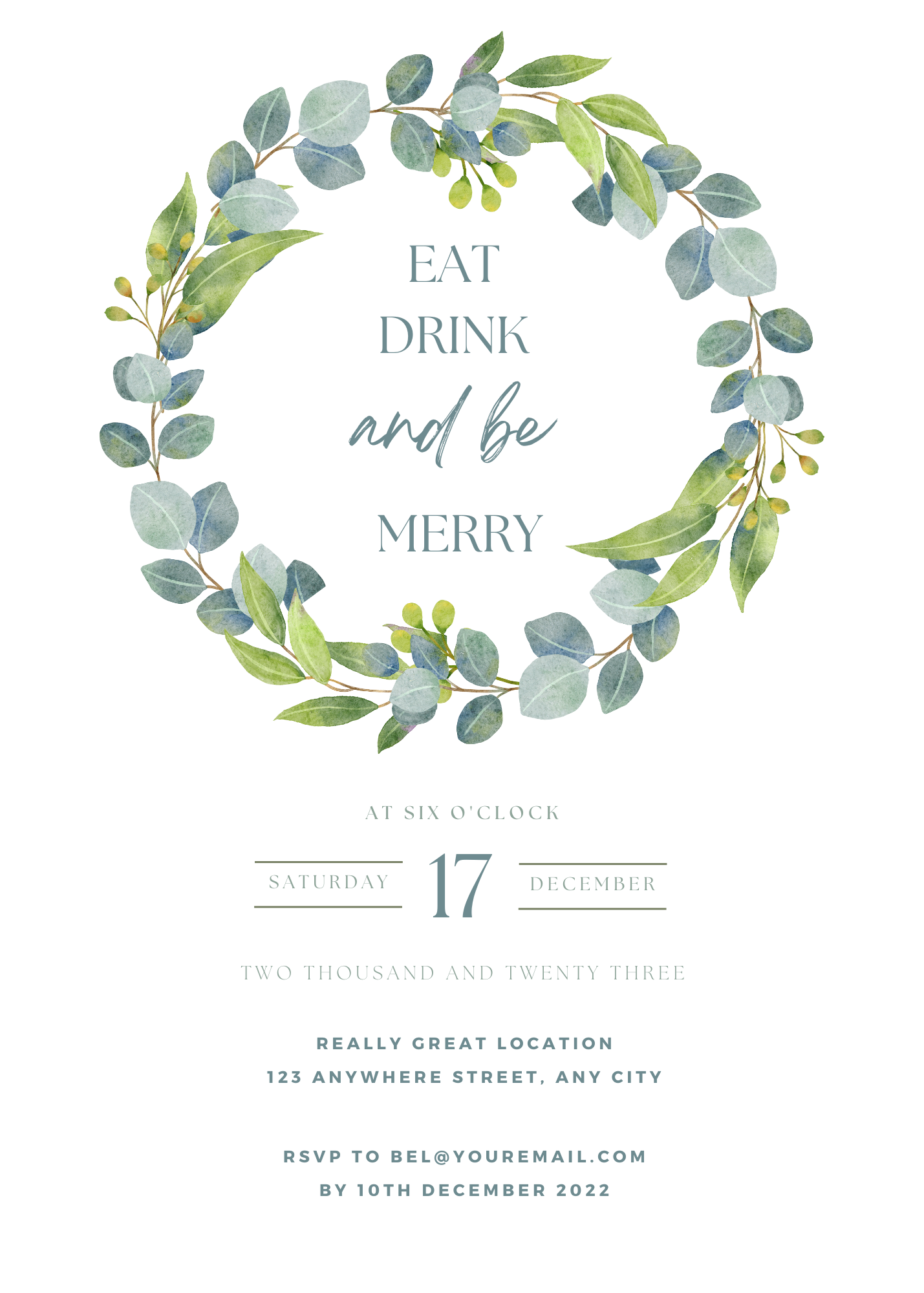 Editable Digital Christmas Invitation – Eat, Drink & Be Merry | Printable Eucalyptus Wreath Invite
