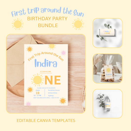 Birthday party bundle with invitation and decor elements on a wooden surface.