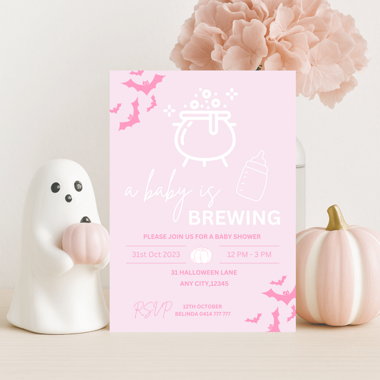 Pink Halloween Baby Shower Invitation, A Baby Is Brewing, Editable Canva Template (Digital Download)