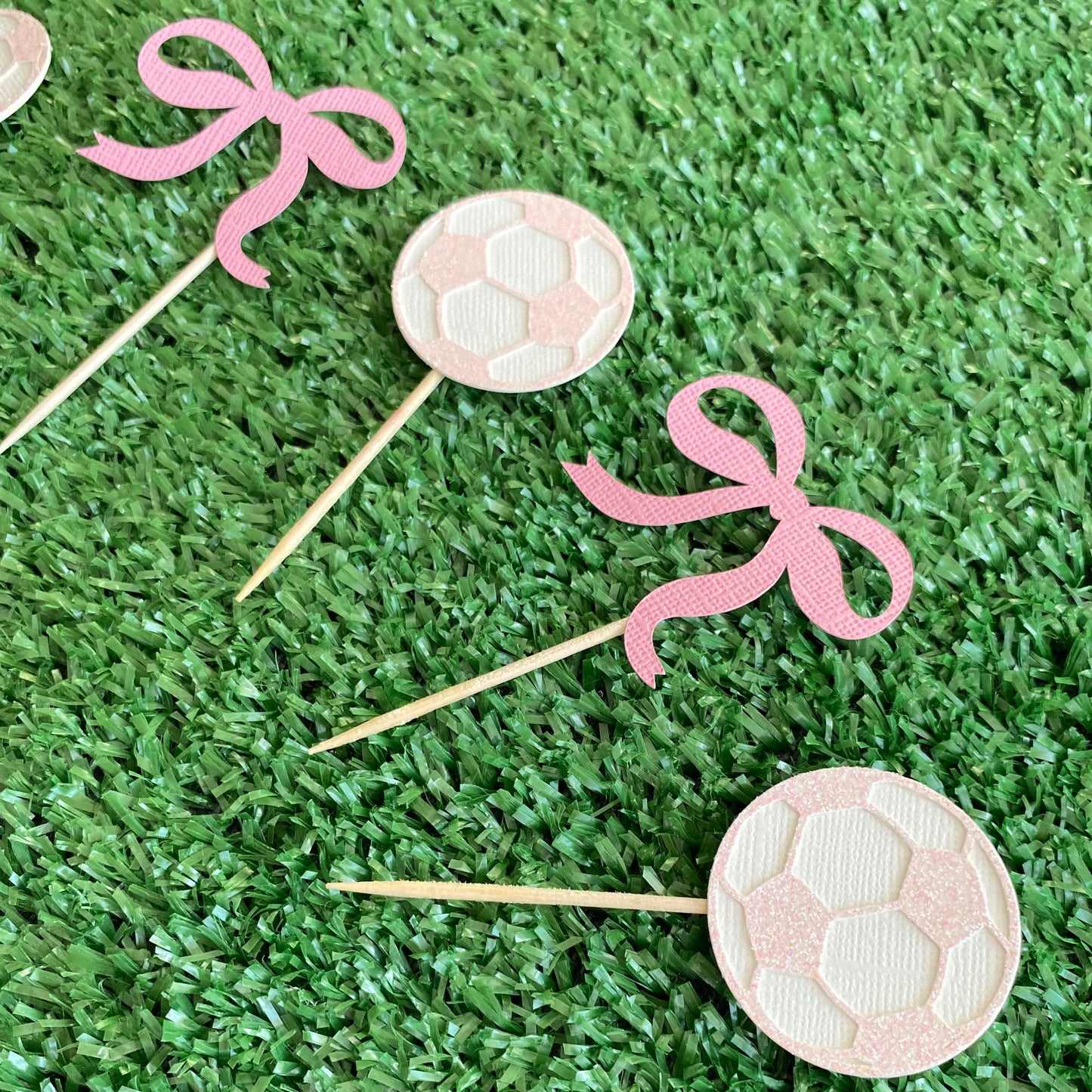 Pink Soccer Ball and Bow Cupcake Toppers