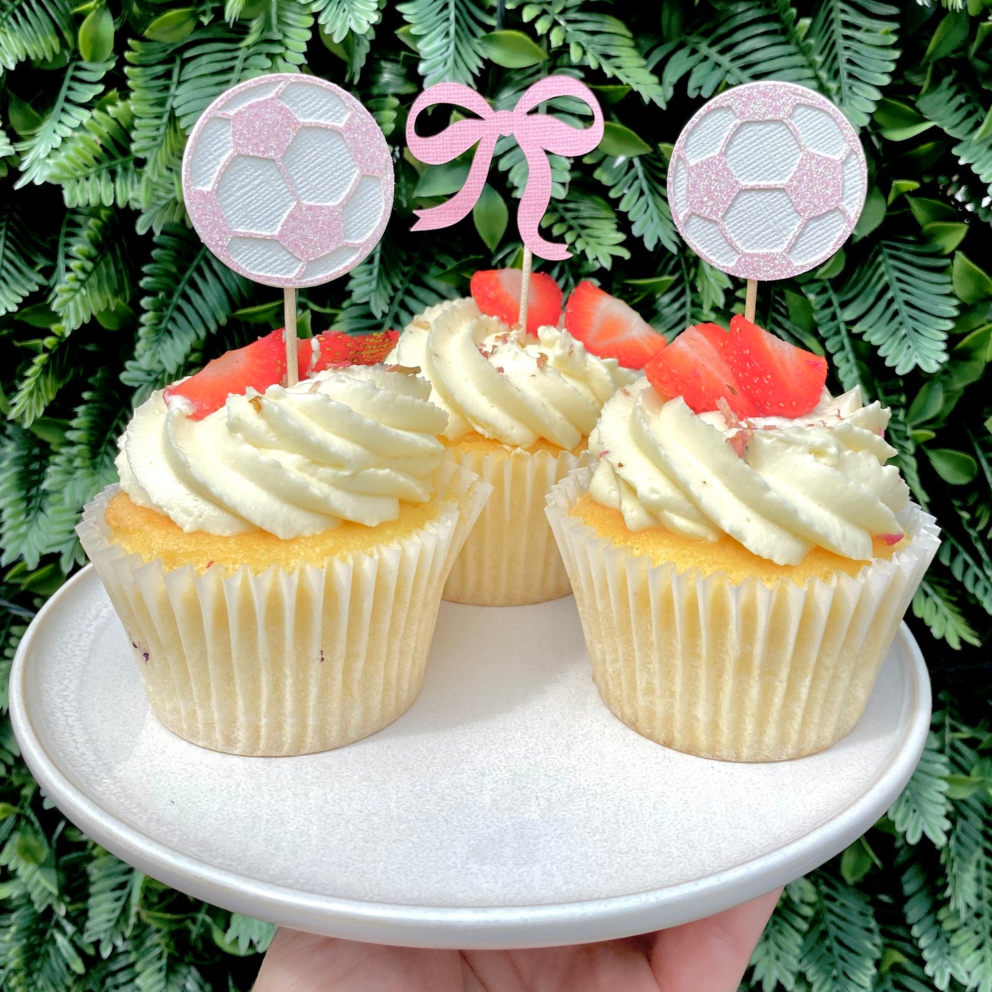 Pink Soccer Ball and Bow Cupcake Toppers