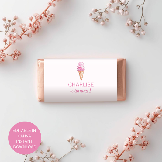 Ice Cream Birthday Chocolate Wrapper Editable Canva Sweet One Candy Wrapper Digital Download