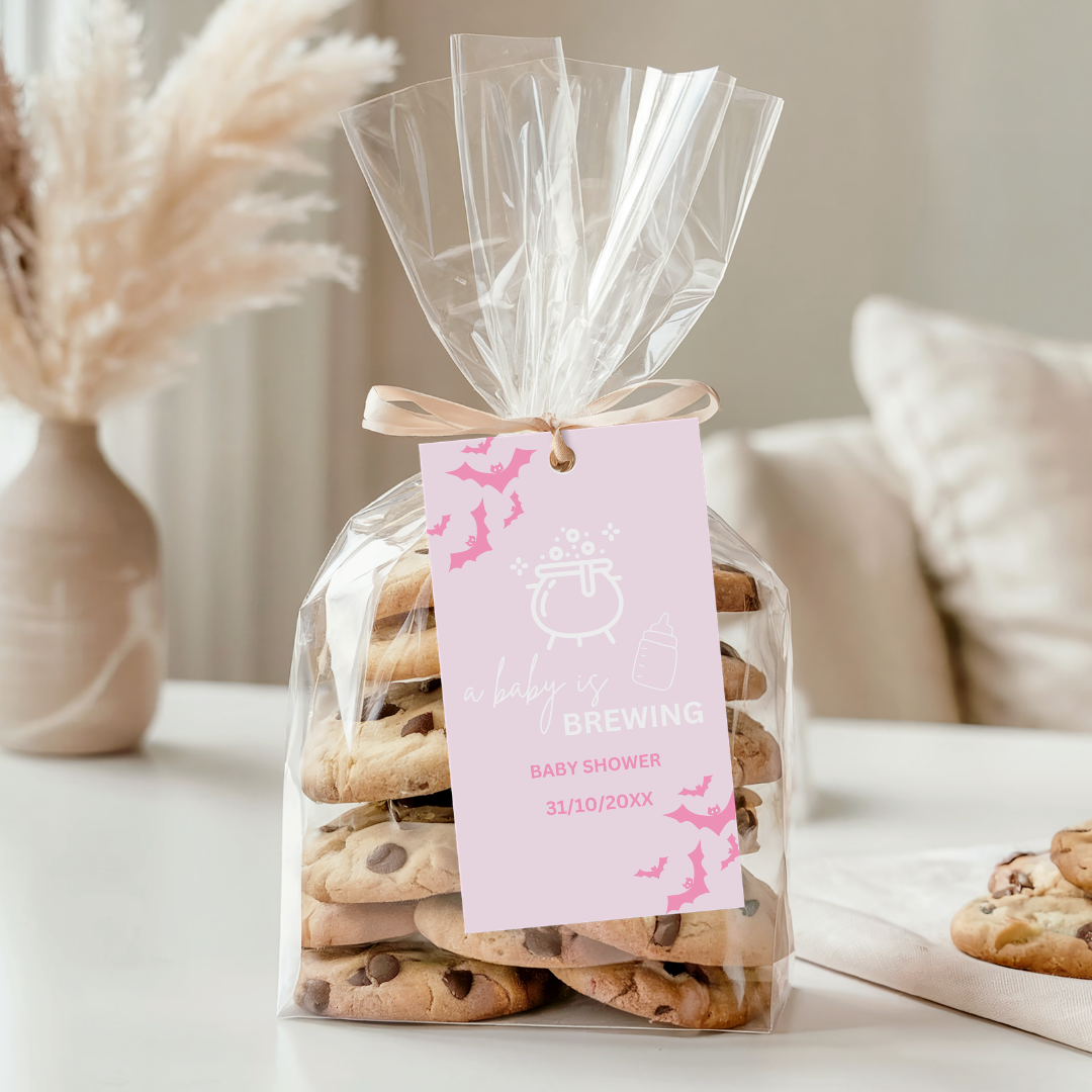 Pink Halloween Baby Shower Favor Tag: A Baby is Brewing (Digital Download)