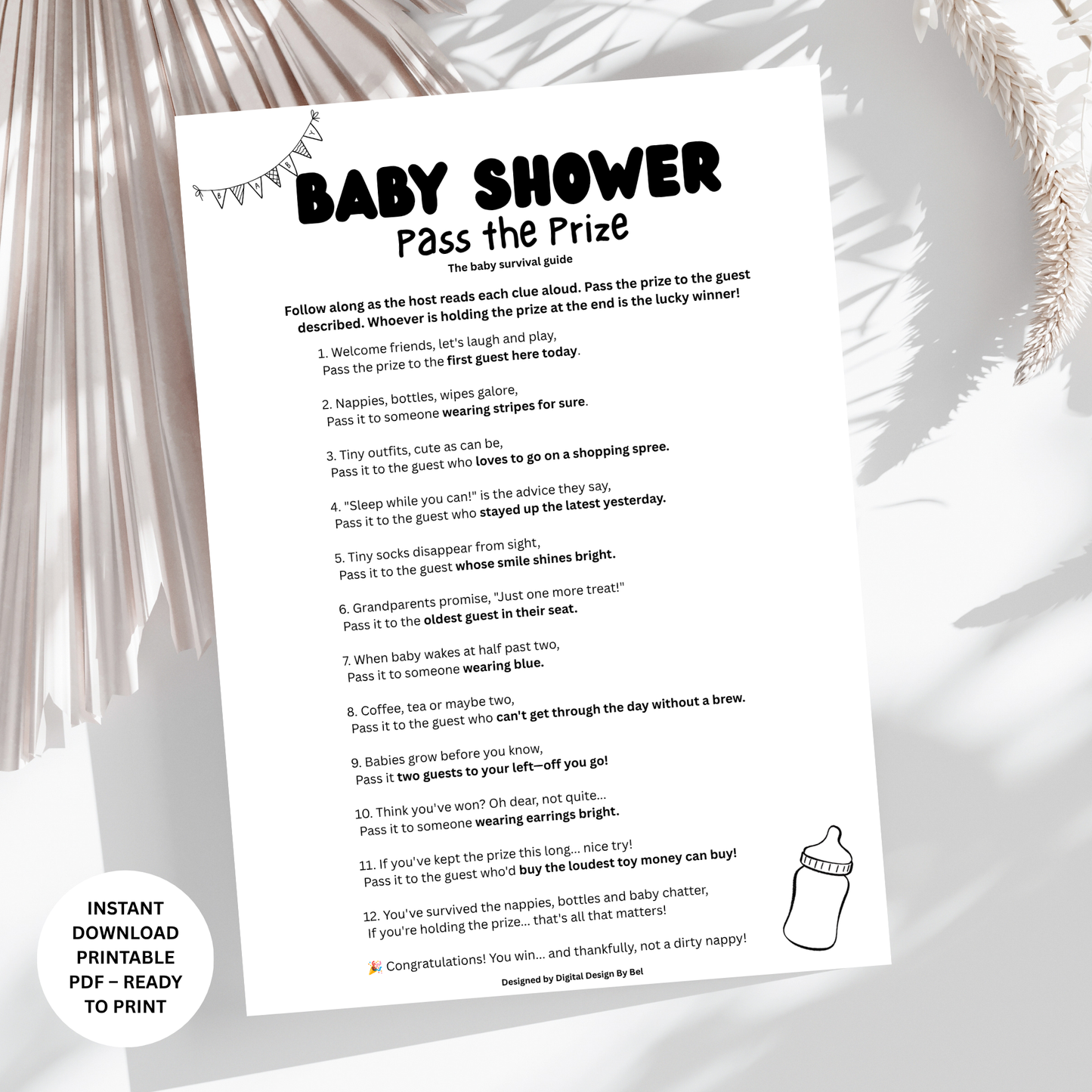 A printable baby shower game card titled 'BABY SHOWER Pass the Prize' shown on a white background with decorative dried flowers and a ribbon. The card includes instructions and a small prize list, with a promotional note on the left reading 'INSTANT DOWNLOAD PRINTABLE PDF - READY TO PRINT'.