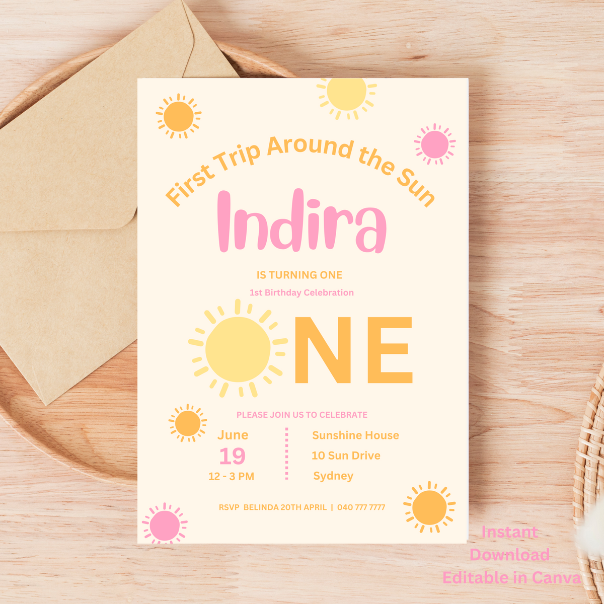 First Trip Around the Sun Invitation – Pink 1st Birthday Canva Template