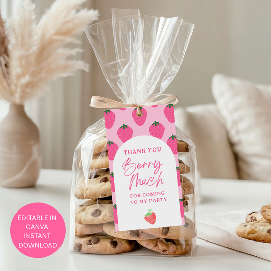 Bag of cookies with a 'Thank you berry much for coming to my party' tag on a neutral background