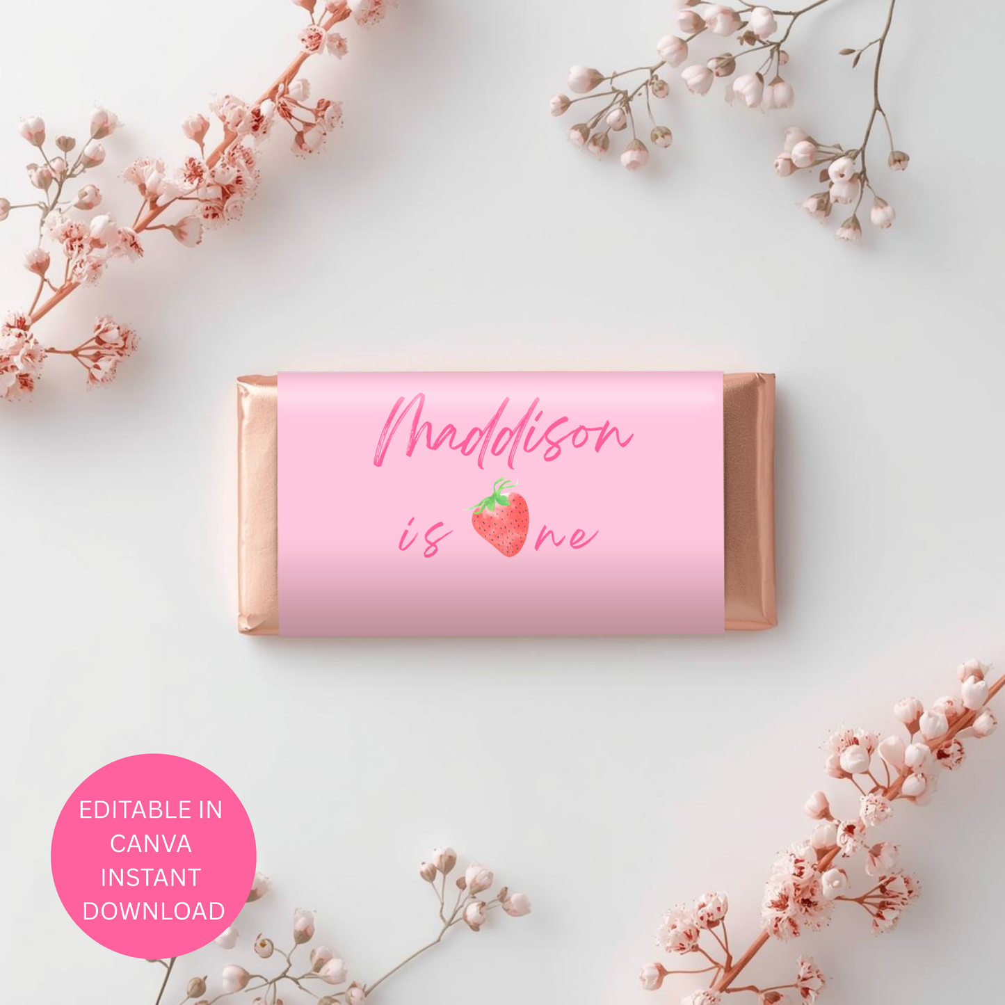 Strawberry Birthday Chocolate Wrapper Template Editable Canva Party Favor Digital Download