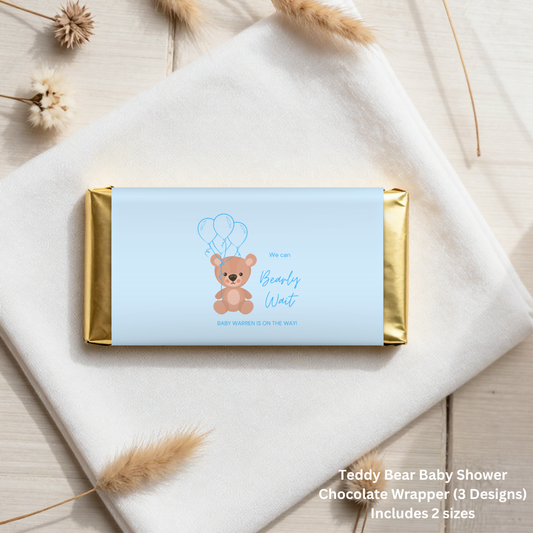 Teddy Bear Blue Boy Baby Shower Chocolate Wrappers | Editable Canva Printable