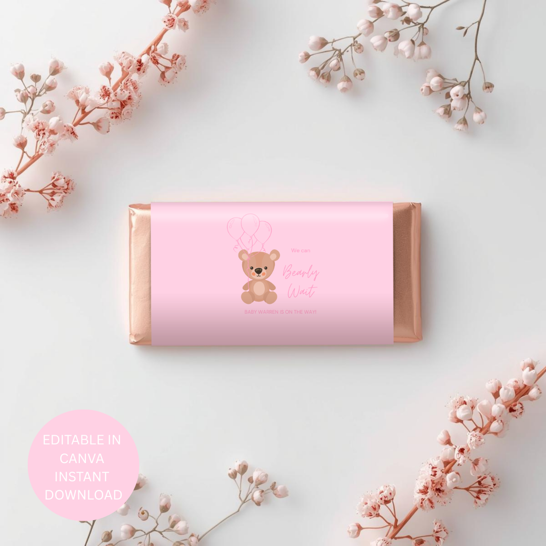 Cute Bear Baby Shower Girl Printable Party Set  Editable Canva Templates | Digital Download