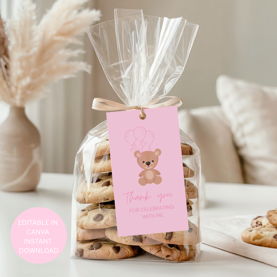 Cute Bear Baby Shower Girl Printable Party Set  Editable Canva Templates | Digital Download