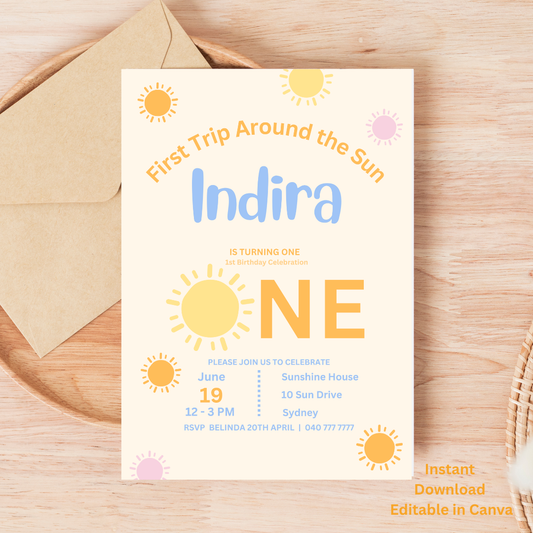 First Trip Around the Sun Birthday Invitation (Editable Canva Template)