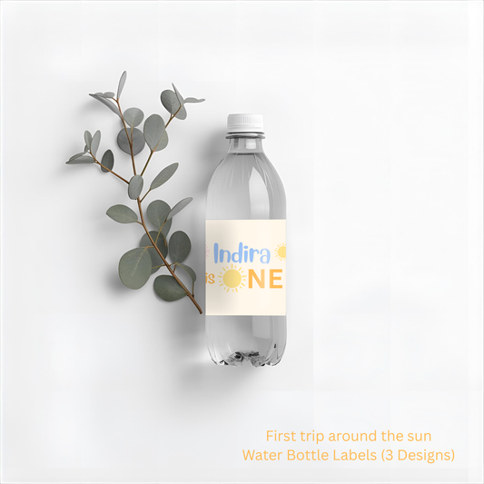 First Trip Around the Sun Water Bottle Labels, Editable Canva Template (Digital Download)