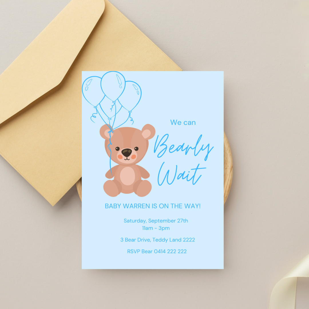 Teddy Bear Baby Shower Invitation Template | Editable Canva Invite | Blue “We Can Bearly Wait” Baby Shower Invite
