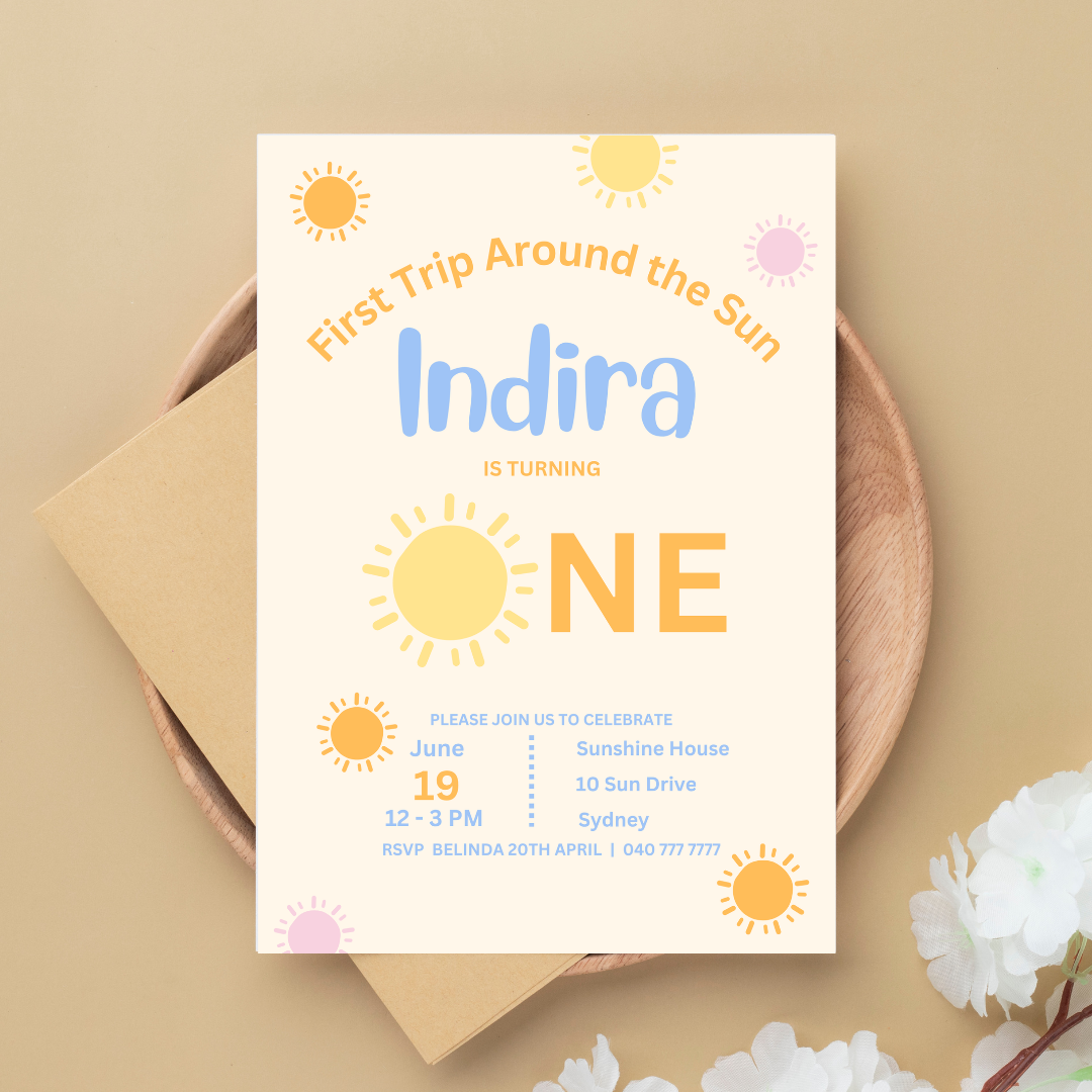 Invitation card for a first birthday party with sun design on a beige background