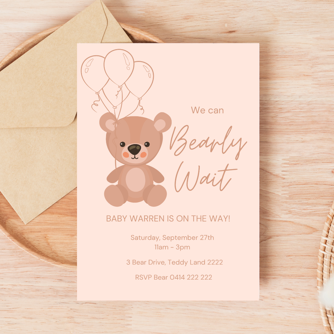Neutral Teddy Bear Baby Shower Invitation | Personalised Gender Neutral Invite