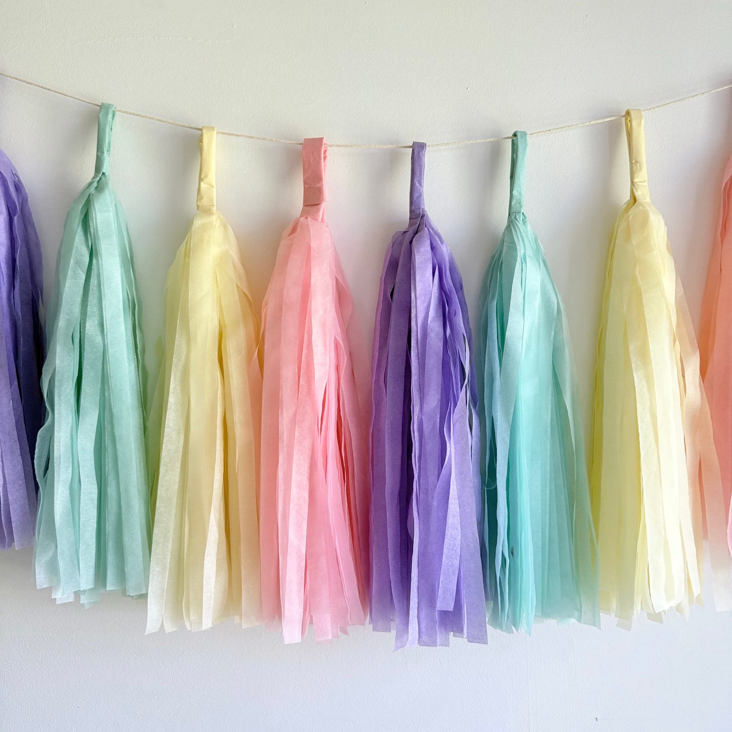 Pastel-colored tassel garland hanging against a white wall