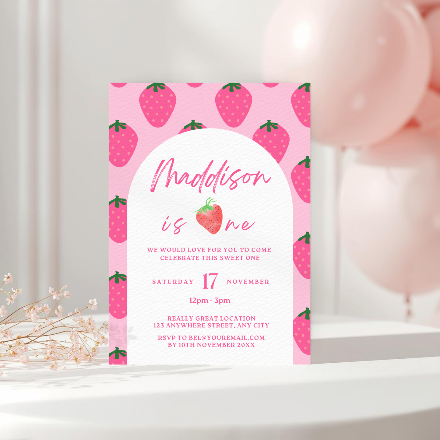 Strawberry First Birthday Invitation Template Editable Canva Invitation Digital Download