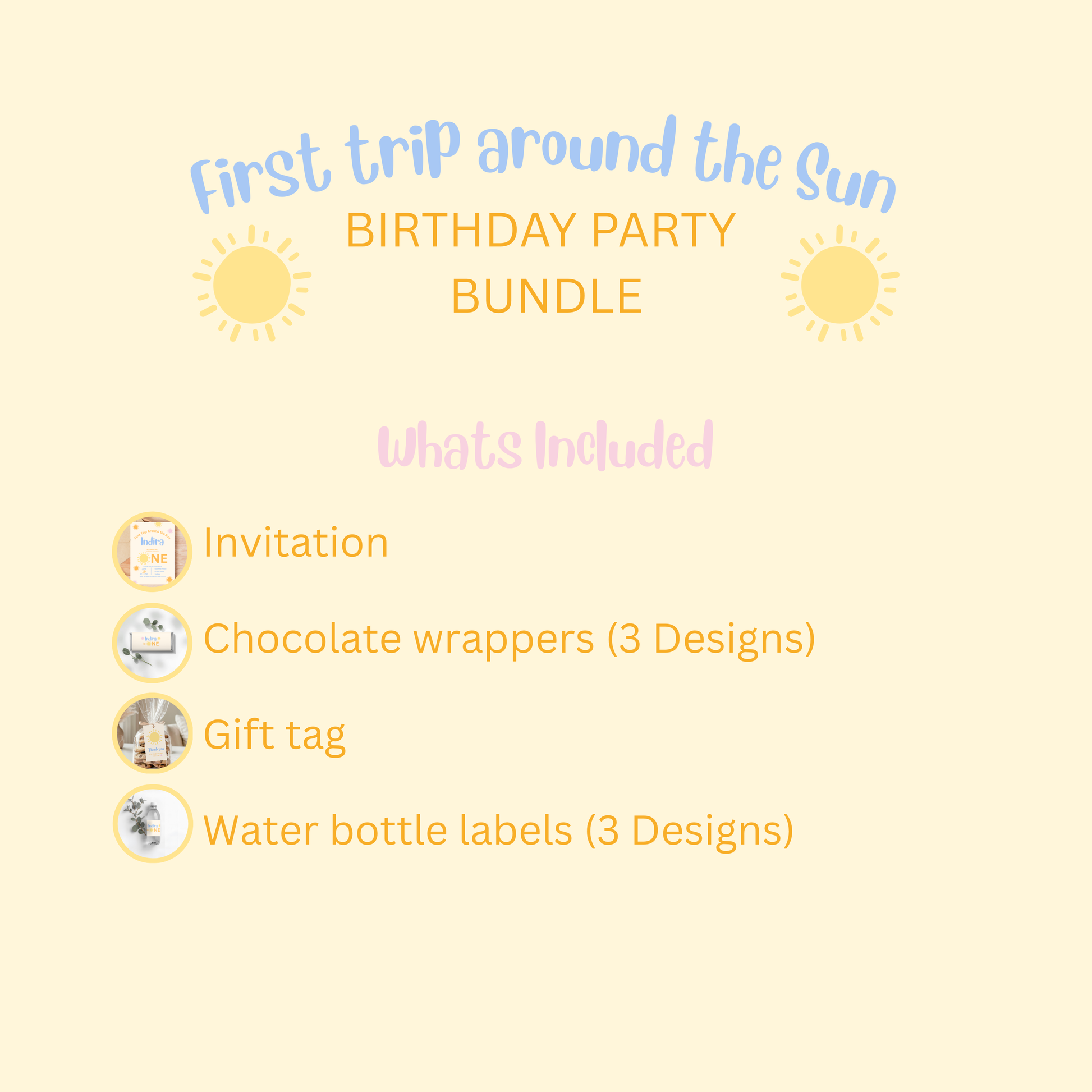 Birthday party bundle flyer with items included on a yellow background