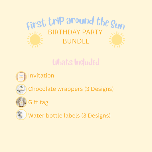 Birthday party bundle flyer with items included on a yellow background