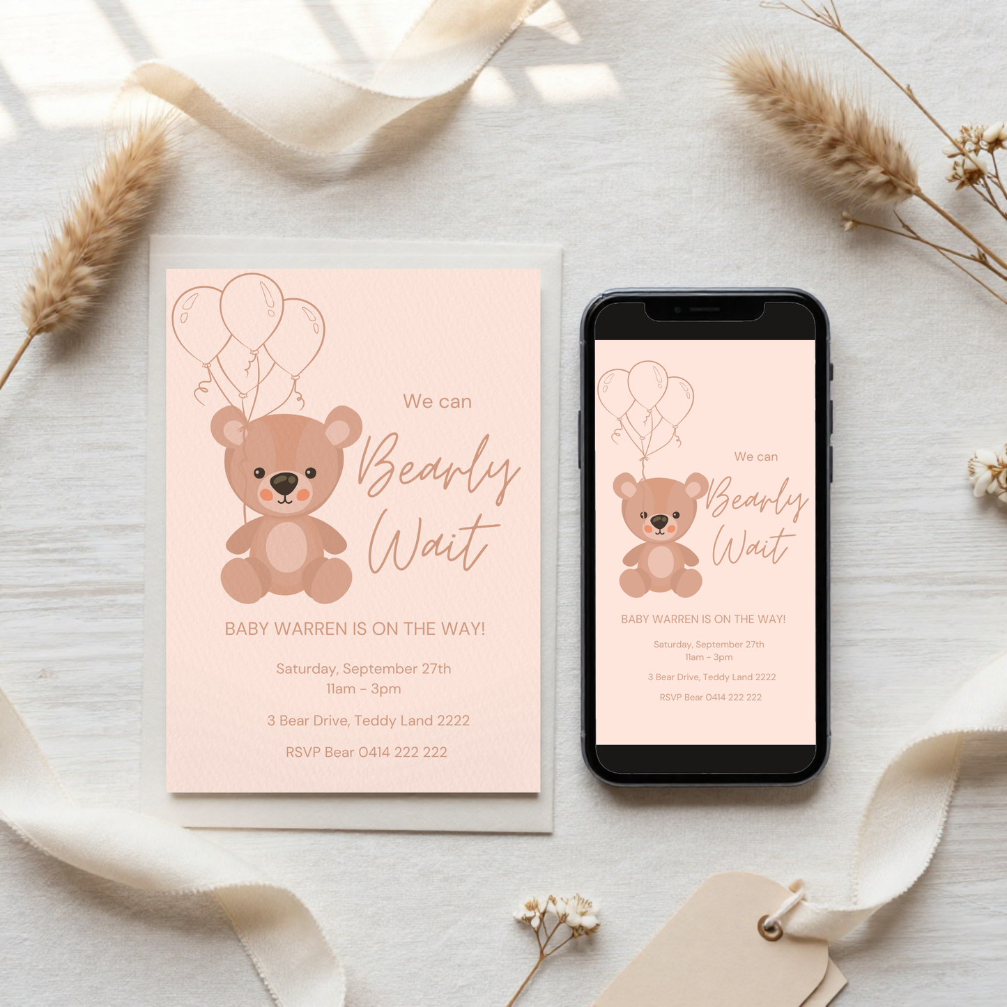 Neutral Teddy Bear Baby Shower Invitation | Personalised Gender Neutral Invite