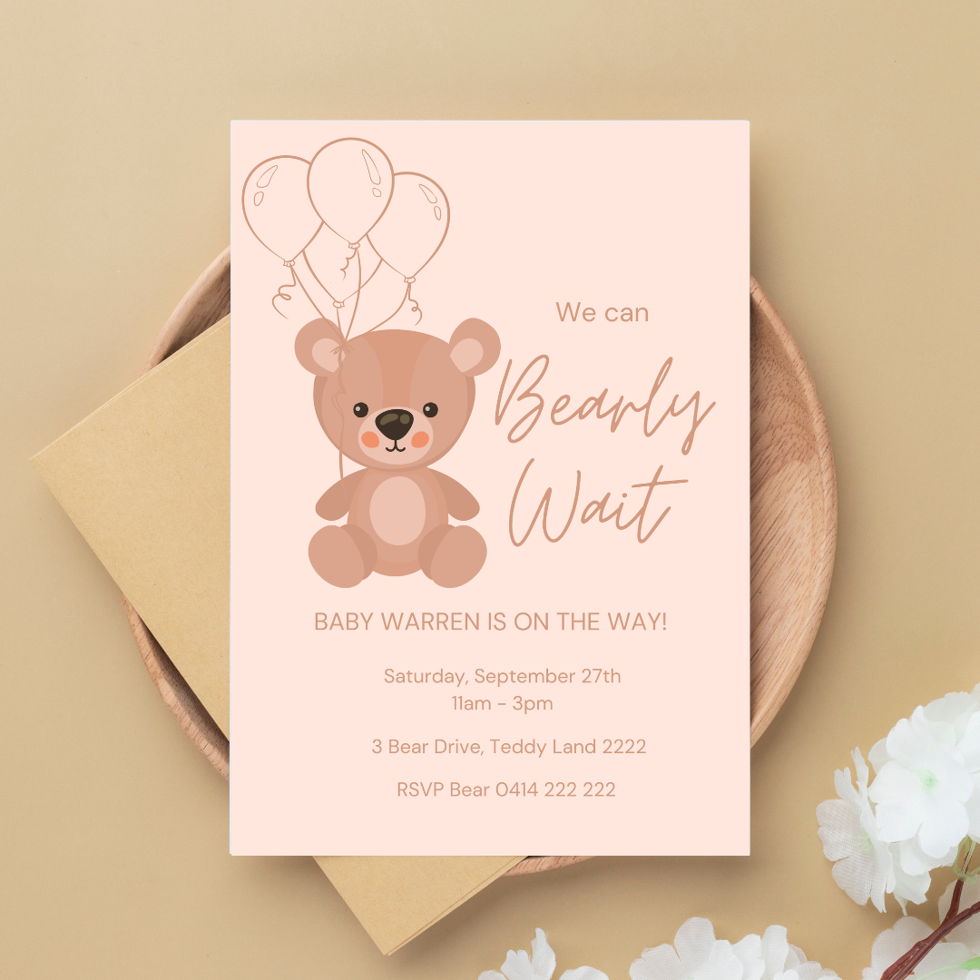 Neutral Teddy Bear Baby Shower Invitation | Personalised Gender Neutral Invite