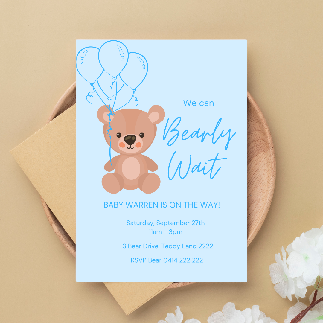 Teddy Bear Baby Shower Invitation Template | Editable Canva Invite | Blue “We Can Bearly Wait” Baby Shower Invite