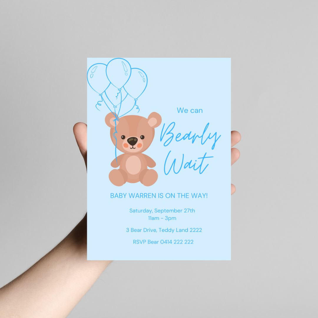 Teddy Bear Baby Shower Invitation Template | Editable Canva Invite | Blue “We Can Bearly Wait” Baby Shower Invite