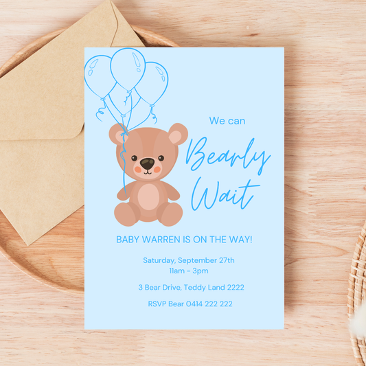Teddy Bear Baby Shower Invitation Template | Editable Canva Invite | Blue “We Can Bearly Wait” Baby Shower Invite