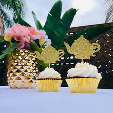 Load image into Gallery viewer, gold glitter teapot cupcake toppers