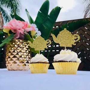 gold glitter teapot cupcake toppers