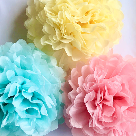 Pastel Blue, Pink & Cream Tissue Paper Pom Pom Set
