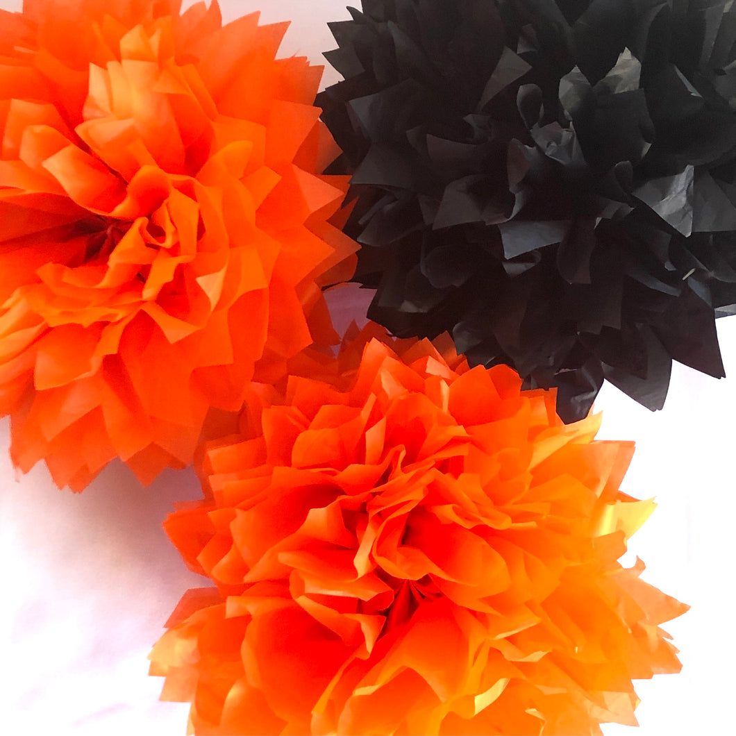 Black and Orange Tissue Paper Pom Pom Set